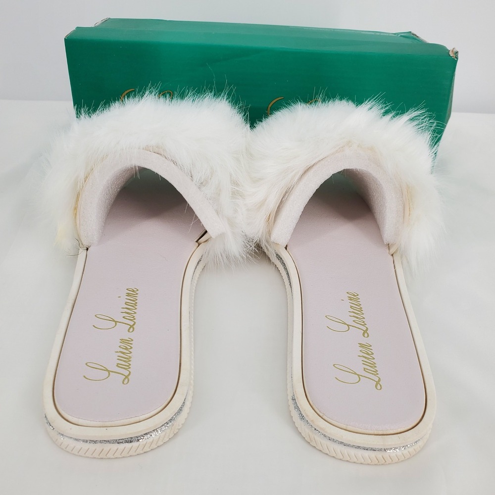 Lauren Lorraine White Fluffy Faux Fur Flat Sandal Glitter Trim Slides Size 8 New - Picture 4 of 6